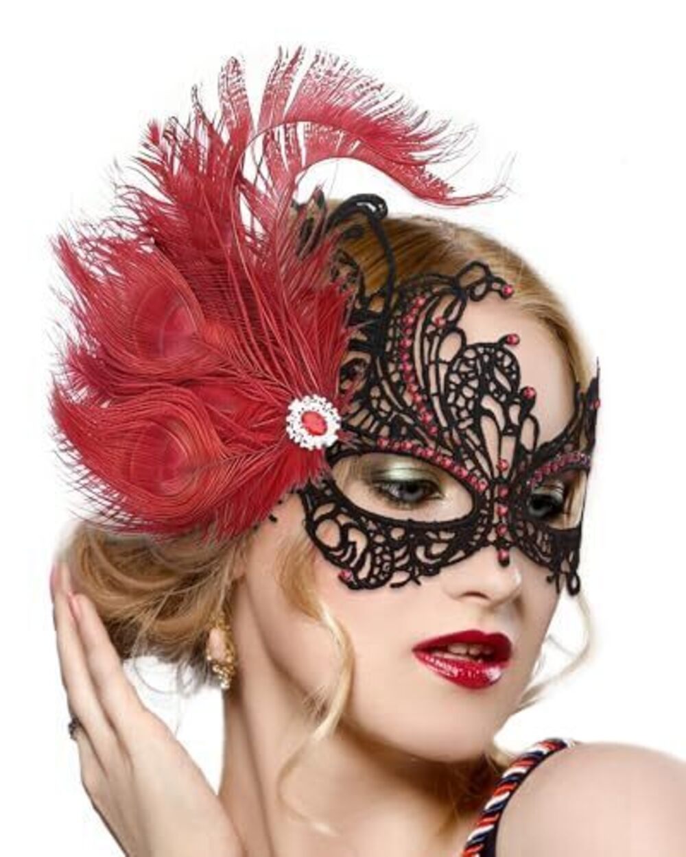 1619 Feather Red Masquerade Mask - Halloween Lace Eyemask with Removable